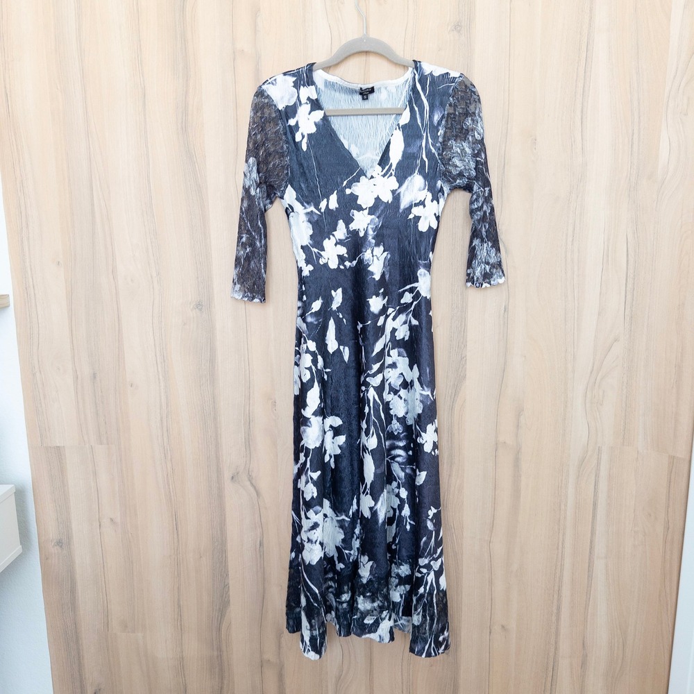 Komarov‎ Womens Floral Midi Dress S Black Charmeuse Lace Sleeve Crinkle Stretch
